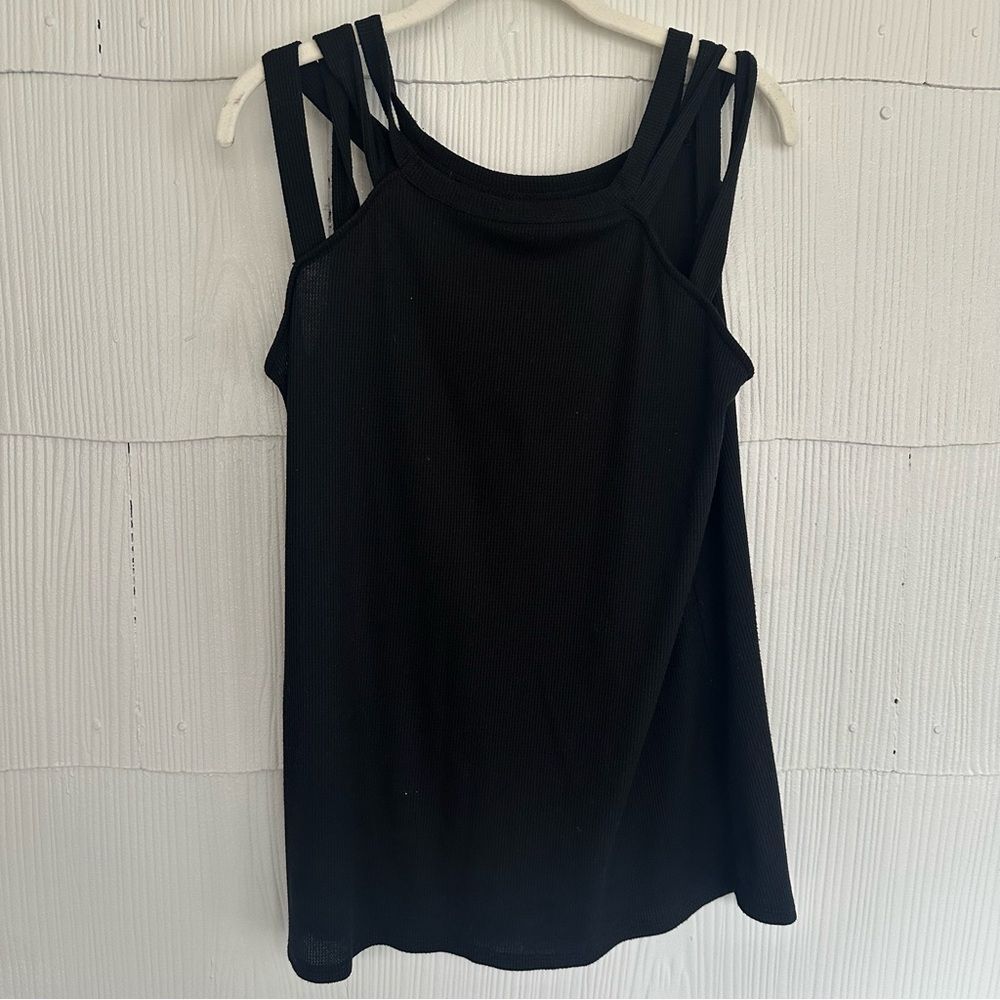 7th Ray Women’s Large Black Strappy Shoulder Sleeveless Tank Top Waffle Knit - Picture 2 of 4